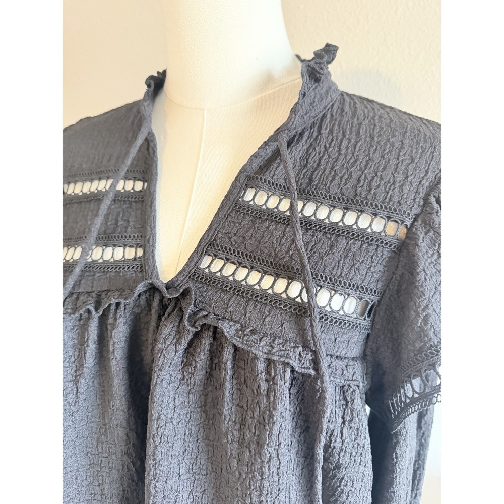 Black Crinkle Ruffle Long Sleeve Boho Lace Trim Blouse Small NWT - Picture 3 of 5